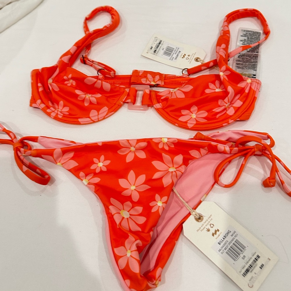 Billabong x Wrangler Retro Flower Bikini Set Underwire Demi Bikini Tie Bottom S